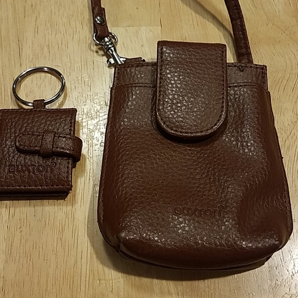 Buxton brown leather mini bag phone holder wristlet & key chain - Picture 1 of 9